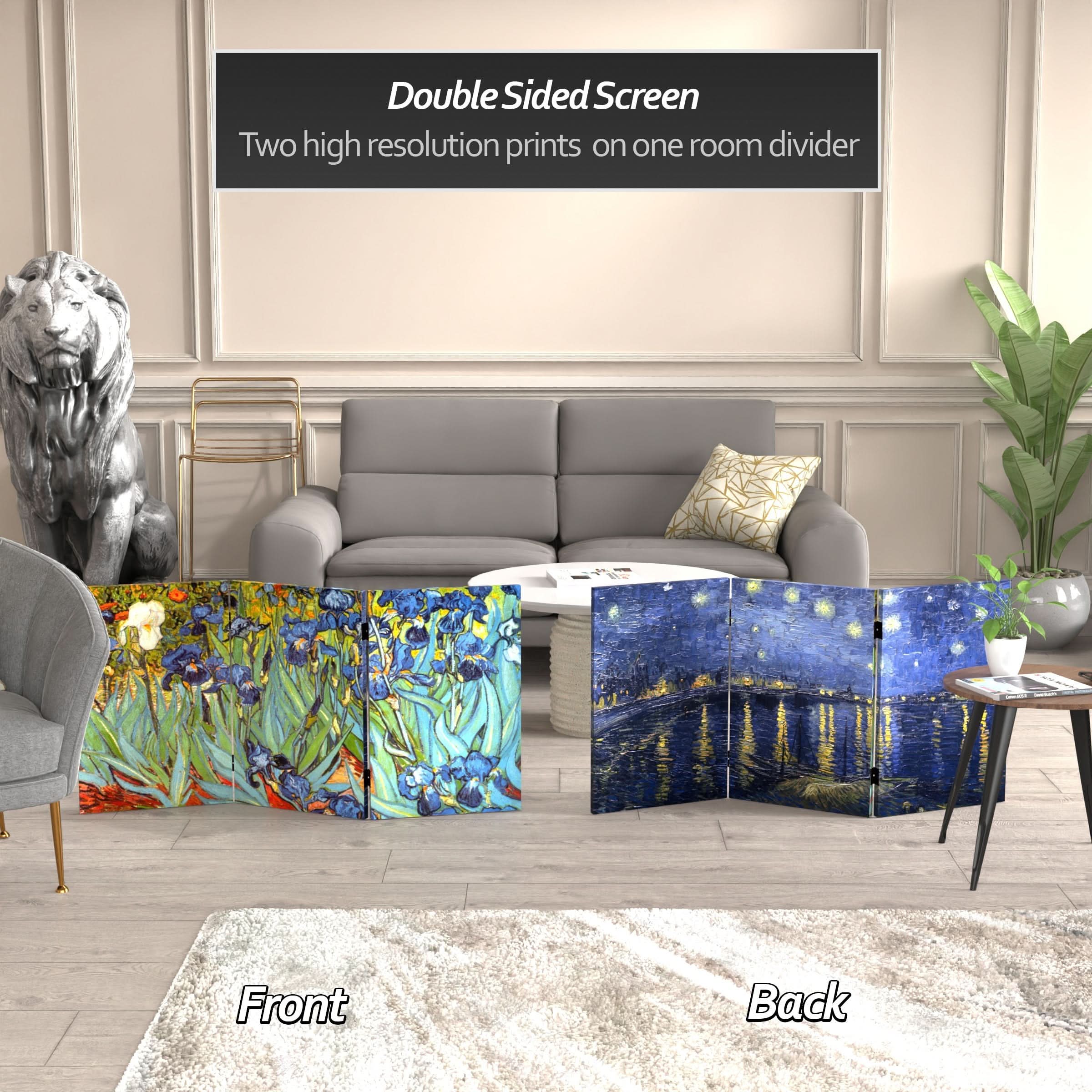 2 ft. Short Double Sided Works of Van Gogh Canvas Folding Screen - Irises/Starry Night Over Rhone - Image 2