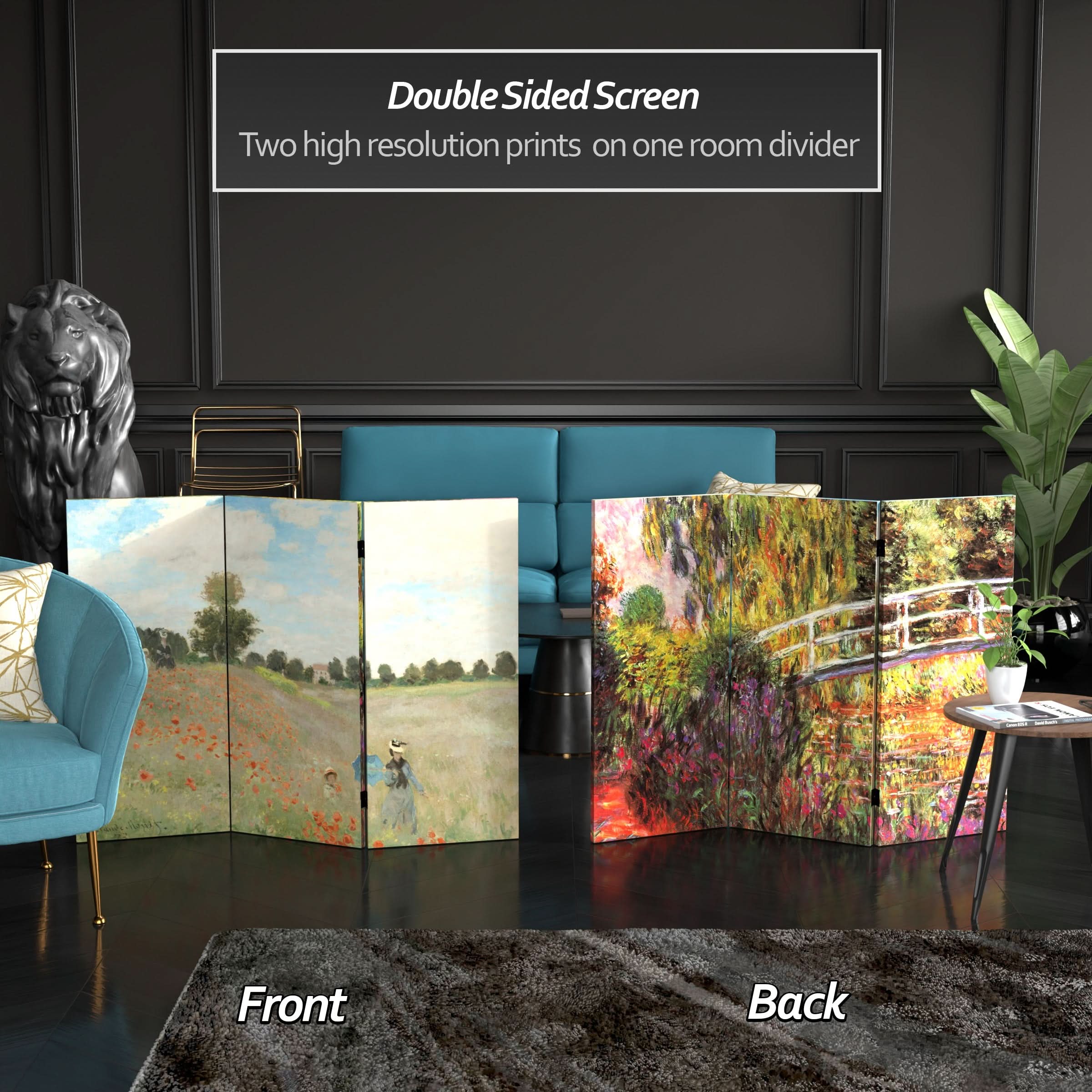 3 ft. Short Double Sided Works of Monet Canvas Folding Screen - Water Lillies/Pathway - Image 2