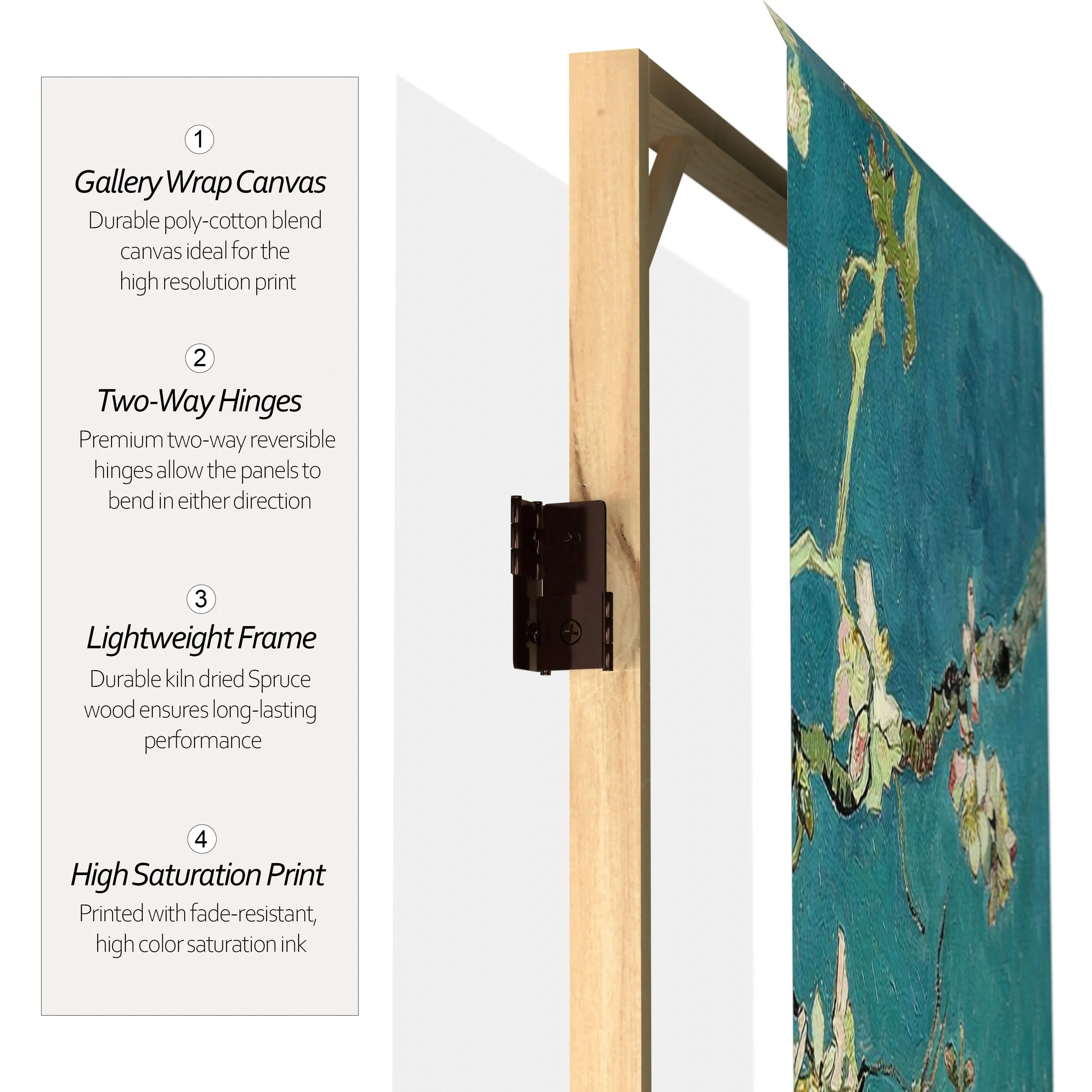 3 ft. Short Double Sided Works of Van Gogh Canvas Folding Screen - Almond Blossoms/Wheat Field - Image 4