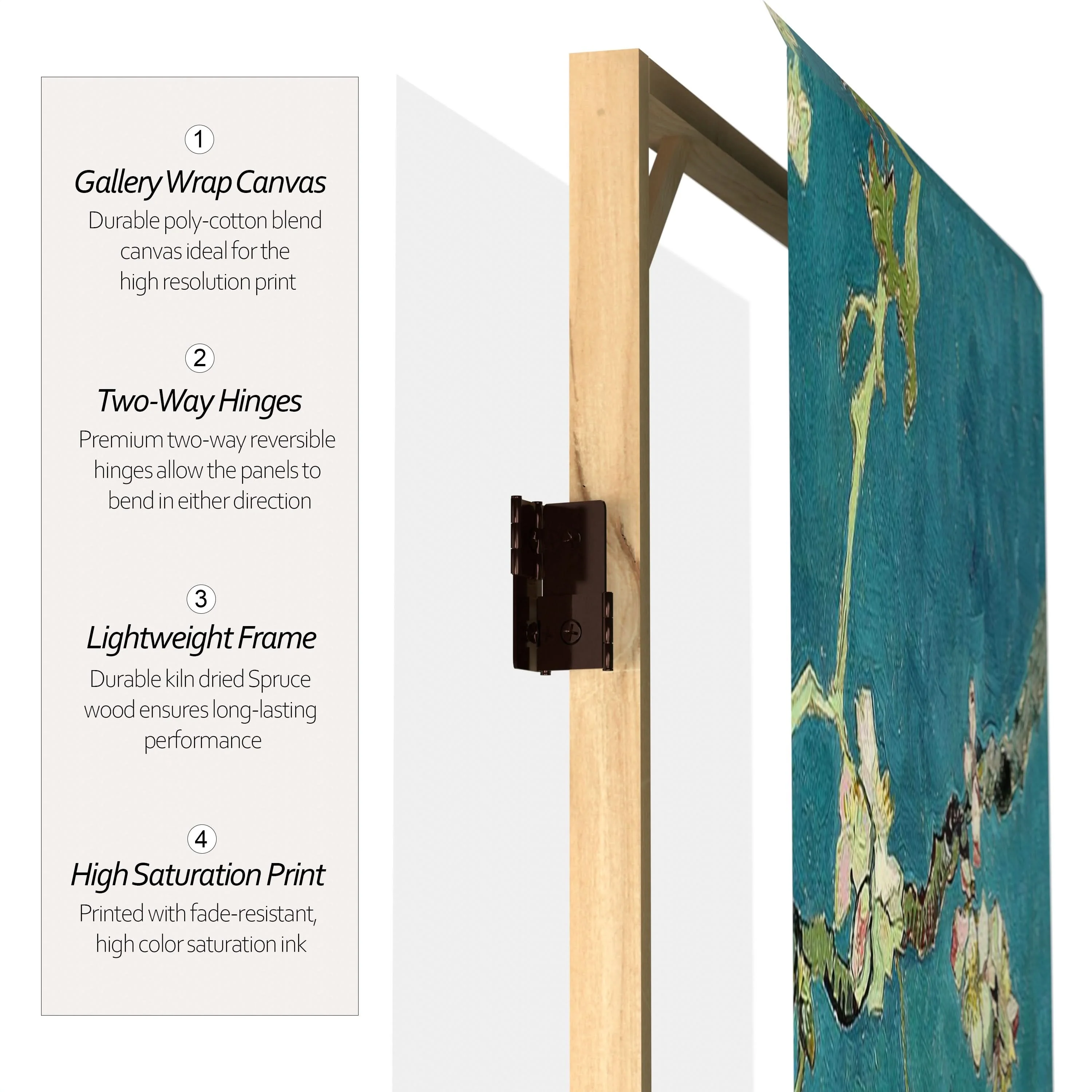 4 ft. Short Double Sided Works of Van Gogh Canvas Folding Screen - Almond Blossoms/Wheat Field - Image 4